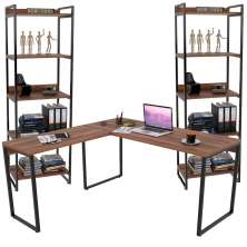 Kit Mesa Para Escritório Industrial em L com 2 Estantes com 5 Prateleiras Form C01 Nogal - Lyam Decor