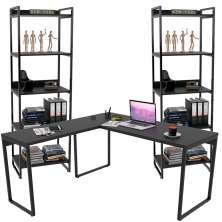Kit Mesa Para Escritório Industrial em L com 2 Estantes com 5 Prateleiras Form C01 Preto - Lyam Decor