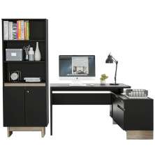 Kit Mesa em L Para Escritório Com Estante 3 Prateleiras Los Angeles P01 Preto Carvalho - Lyam Decor
