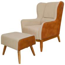 Kit Poltrona Decorativa Milena com Puff Viseo D02 Linho Bege C-129 Corano Marrom  - Lyam Decor