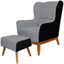 Kit Poltrona Decorativa Milena com Puff Viseo D02 Linho Cinza C-416 Corano Preto  - Lyam Decor