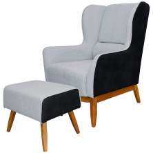 Kit Poltrona Decorativa Milena com Puff Viseo D02 Linho Cinza D-315 Corano Preto  - Lyam Decor