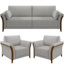 Kit Sofá 02 Lugares Sala Estar 162cm Com 02 Poltronas Stefan Pés Madeira M03 Linho Cinza - Lyam Decor