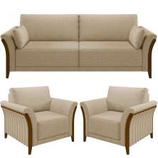Kit Sofá 03 Lugares 222cm Com 02 Poltronas Stefan Pés Madeira M03 Linho Bege Escuro - Lyam Decor