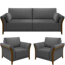 Kit Sofá 03 Lugares Sala Estar 222cm Com 02 Poltronas Stefan Pés Madeira M03 Linho Chumbo - Lyam Decor