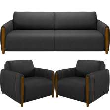 Kit Sofá 03 Lugares Sala Estar 223cm Com 02 Poltronas Flora Pés Madeira M03 Couríssimo Preto - Lyam Decor