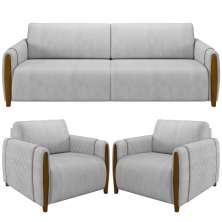 Kit Sofá 03 Lugares Sala Estar 223cm Com 02 Poltronas Flora Pés Madeira M03 Veludo Cinza - Lyam Decor