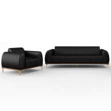 Kit Sofá 3 Lugares 180cm Com Poltrona Molino Pés D'ouro D02 Couríssimo Preto B-159 - Lyam Decor
