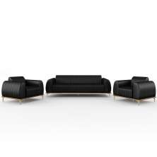 Kit Sofá 3 Lugares 210cm Com 2 Poltronas Molino Pés D'ouro D02 Couríssimo Preto B-159 - Lyam Decor