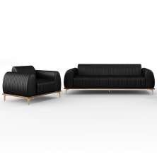Kit Sofá 3 Lugares 210cm Com Poltrona Molino Pés D'ouro D02 Couríssimo Preto B-159 - Lyam Decor