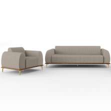 Kit Sofá 3 Lugares Sala Estar 210cm Com Poltrona Molino Pés D'ouro D02 Linho Bege C-107 - Lyam Decor
