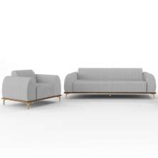 Kit Sofá 3 Lugares Sala Estar 210cm E Poltrona Molino Pés D'ouro D02 Linho Cinza D-315 - Lyam Decor
