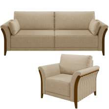 Kit Sofá 3 Lugares Sala Estar 222 Com Poltrona Stefan Pés Madeira M03 Linho Bege Escuro - Lyam Decor