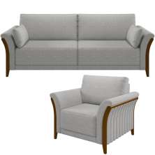 Kit Sofá 3 Lugares Sala Estar 222 Com Poltrona Stefan Pés Madeira M03 Linho Cinza - Lyam Decor