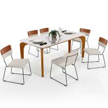 Mesa Capri 160 cm Off White Com 6 Cadeiras Allana B05 Faixa Couríssimo Camel Linho Cru - Lyam Decor