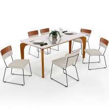 Mesa Capri 160cm Off White 6 Cadeiras Allana B05 Faixa Couríssimo Camel Linho Champagne - Lyam Decor