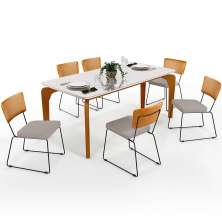 Mesa Capri 160cm Off White Nature E 6 Cadeiras Allana B05 Couríssimo Whisky Linho Bege - Lyam Decor