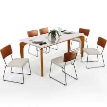 Mesa De Jantar Capri 160 Off White Com 6 Cadeiras Allana B05 Couríssimo Camel Linho Cru - Lyam Decor