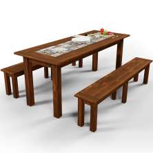 Mesa De Jantar Com Cerâmica Rústica 02 Bancos De Madeira Maciça Pinus 160cm W02 Imbuia - Lyam Decor