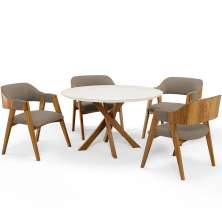 Mesa De Jantar Redonda Cora 120cm Off White M04 com 04 Cadeiras Living Suran Bouclê Bege - Lyam