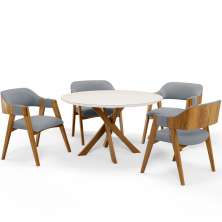 Mesa De Jantar Redonda Cora 120cm Off White M04 com 04 Cadeiras Living Suran Bouclê Cinza - Lyam