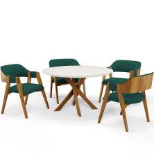 Mesa De Jantar Redonda Cora 120cm Off White M04 com 04 Cadeiras Living Suran Bouclê Verde - Lyam