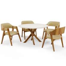 Mesa De Jantar Redonda Cora 120cm Off White M04 com 04 Cadeiras Living Suran Couríssimo Fendi - Lyam