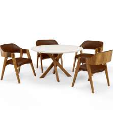 Mesa De Jantar Redonda Cora 120cm Off White M04 com 04 Cadeiras Living Suran Couríssimo Marrom - Lyam