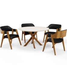 Mesa De Jantar Redonda Cora 120cm Off White M04 com 04 Cadeiras Living Suran Couríssimo Preto - Lyam