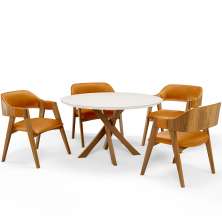 Mesa De Jantar Redonda Cora 120cm Off White M04 com 04 Cadeiras Living Suran Couríssimo Whisky - Lyam