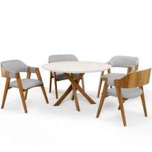 Mesa De Jantar Redonda Cora 120cm Off White M04 com 04 Cadeiras Living Suran Linho Cinza - Lyam
