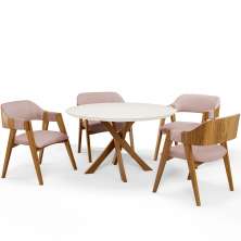 Mesa De Jantar Redonda Cora 120cm Off White M04 com 04 Cadeiras Living Suran Linho Rosê - Lyam