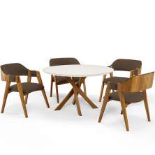 Mesa De Jantar Redonda Cora 120cm Off White M04 com 04 Cadeiras Living Suran Suede Marrom - Lyam