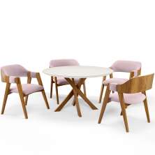Mesa De Jantar Redonda Cora 120cm Off White M04 com 04 Cadeiras Living Suran Suede Rosê - Lyam