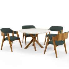 Mesa De Jantar Redonda Cora 120cm Off White M04 com 04 Cadeiras Living Suran Suede Verde Musgo - Lyam