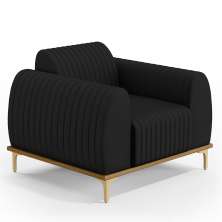 Poltrona Decorativa Base De Madeira Pés Metalizado D'Ouro Molino D02 Veludo Preto C-300 - Lyam Decor