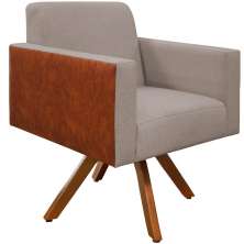 Poltrona Decorativa Base Giratória de Madeira Helô L02 Linho Bege Couríssimo Camel - Lyam Decor