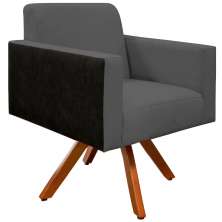 Poltrona Decorativa Base Giratória de Madeira Helô L02 Linho Chumbo Couríssimo Preto - Lyam Decor