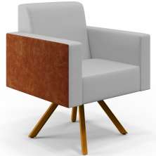Poltrona Decorativa Base Giratória de Madeira Helô L02 Linho Cinza Couríssimo Camel - Lyam Decor