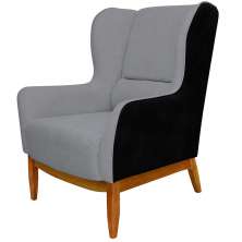 Poltrona Decorativa Fixa Base de Madeira Milena D02 Linho Cinza C-416 Corano Preto  - Lyam Decor