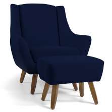 Poltrona Decorativa Fixa com Puff Pés de Madeira Juliet D02 Veludo Azul Marinho C-287 - Lyam Decor