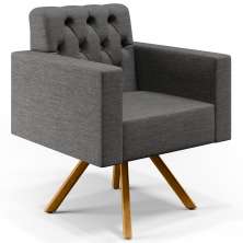 Poltrona Decorativa Giratória Base de Madeira Manu L02 Capitonê Linho Cinza Escuro - Lyam Decor