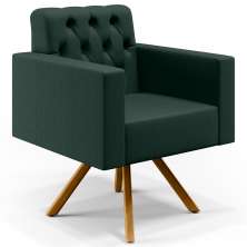 Poltrona Decorativa Giratória Base de Madeira Manu L02 Capitonê Linho Verde Musgo - Lyam Decor