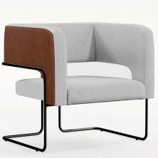 Poltrona Scarlett D02 Base Aço Preto Couríssimo Marrom B-38 Linho Cinza D-315 - Lyam Decor