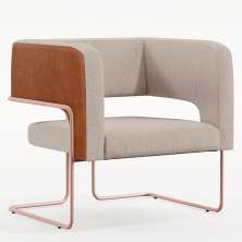 Poltrona Scarlett D02 Base De Aço New Cobre Courissímo Camel B-14 Linho Bege C-107 - Lyam Decor