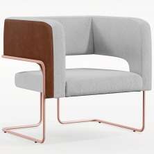 Poltrona Scarlett D02 Base De Aço New Cobre Courissímo Marrom B-38 Linho Cinza D-315 - Lyam Decor