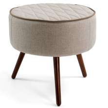 Puff Decorativo Redondo Nina D02 Tressê Bege Pés Palito Rústico D-470 - Lyam Decor