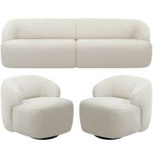 Sofá 3 Lugares Curvo Orgânico com 02 Poltronas Para Sala Living 220cm Barolo L06 Bouclê Off White - Lyam Decor