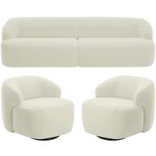 Sofá 3 Lugares Curvo Orgânico com 02 Poltronas Para Sala Living 220cm Barolo L06 Veludo Bege - Lyam Decor