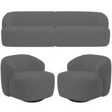 Sofá 3 Lugares Curvo Orgânico com 02 Poltronas Para Sala Living 220cm Barolo L06 Veludo Grafite - Lyam Decor